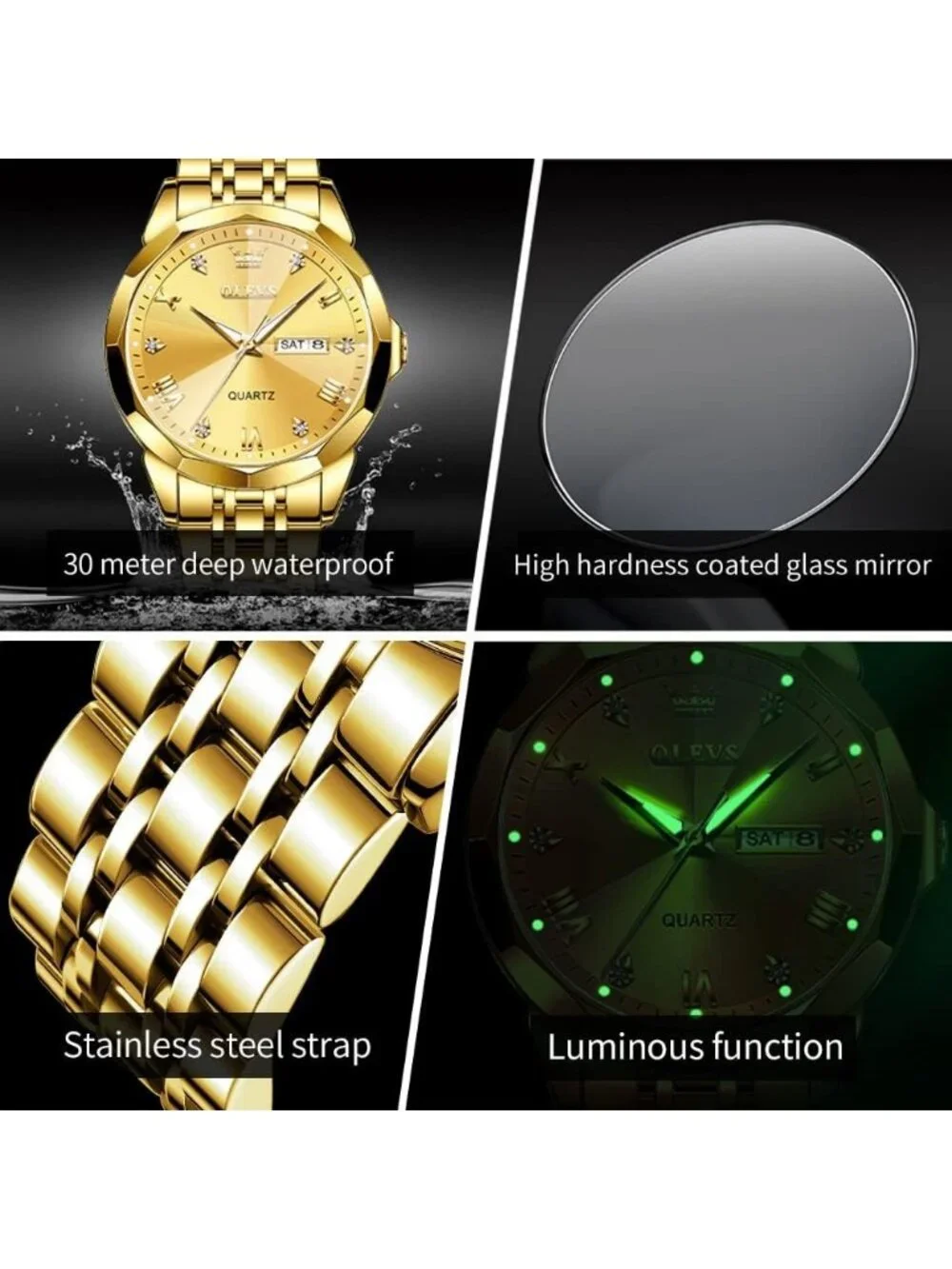 Men's All Gold Diamond Analog Quartz Stainless Waterproof Luminous Round Watch